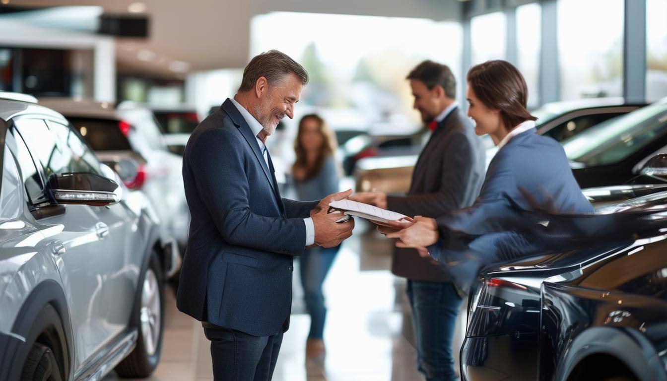 Car dealership sales people having an easy time making sales to people in the community